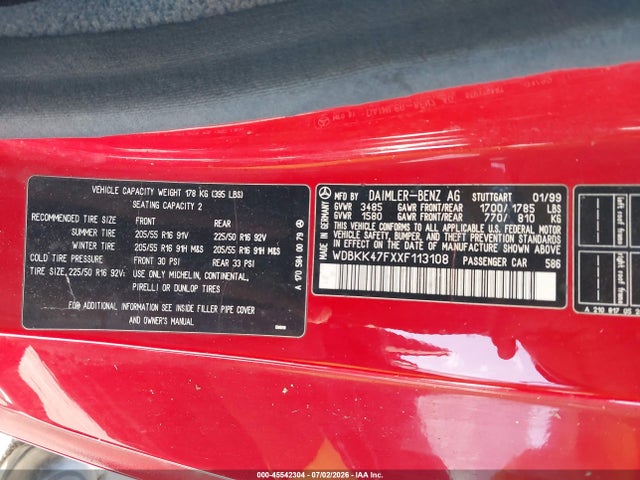 Продаж на аукціоні авто 1999 Mercedes-benz Slk 230 Kompressor, vin: WDBKK47FXXF113108, номер лоту: 45542304