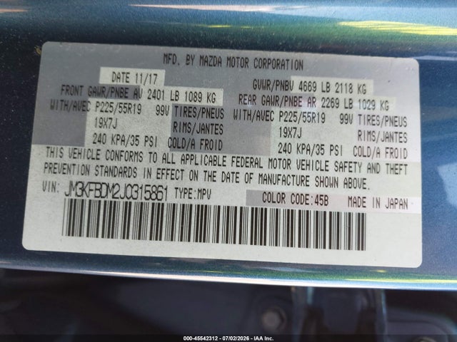 45542312 :رقم المزاد ، JM3KFBDM2J0315861 vin ، 2018 Mazda Cx-5 Grand Touring مزاد بيع