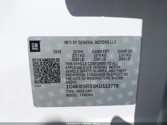 45542316 :رقم المزاد ، 1G6KB5RS1KU113779 vin ، 2019 Cadillac Ct6 Luxury مزاد بيع