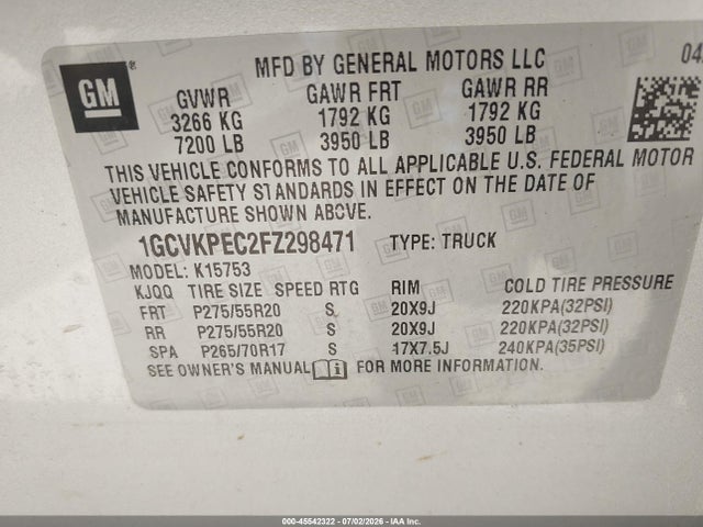 45542322 :رقم المزاد ، 1GCVKPEC2FZ298471 vin ، 2015 Chevrolet Silverado 1500 Ls مزاد بيع