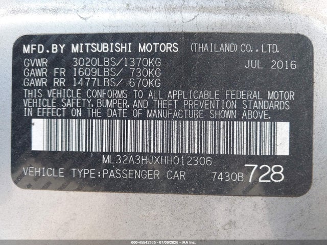 2017 Mitsubishi Mirage Es მანქანა იყიდება აუქციონზე, vin: ML32A3HJXHH012306, აუქციონის ნომერი: 45542335