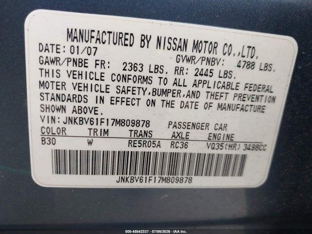 2007 Infiniti G35x მანქანა იყიდება აუქციონზე, vin: JNKBV61F17M809878, აუქციონის ნომერი: 45542337