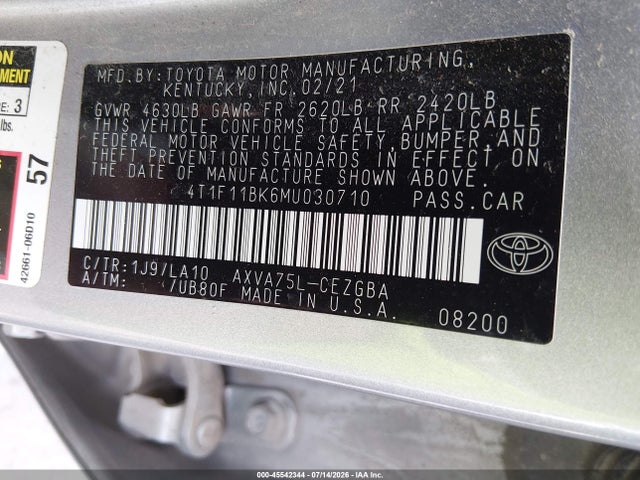 2021 Toyota Camry Xle Awd მანქანა იყიდება აუქციონზე, vin: 4T1F11BK6MU030710, აუქციონის ნომერი: 45542344