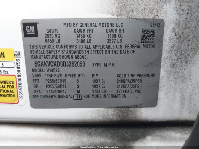 Aukcja sprzedaży 2013 Buick Enclave Leather, vin: 5GAKVCKD0DJ262050, numer aukcji: 45542351