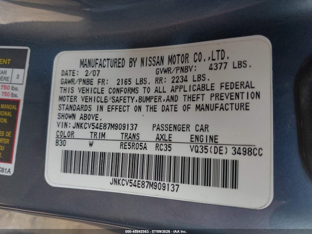 2007 Infiniti G35 მანქანა იყიდება აუქციონზე, vin: JNKCV54E87M909137, აუქციონის ნომერი: 45542353