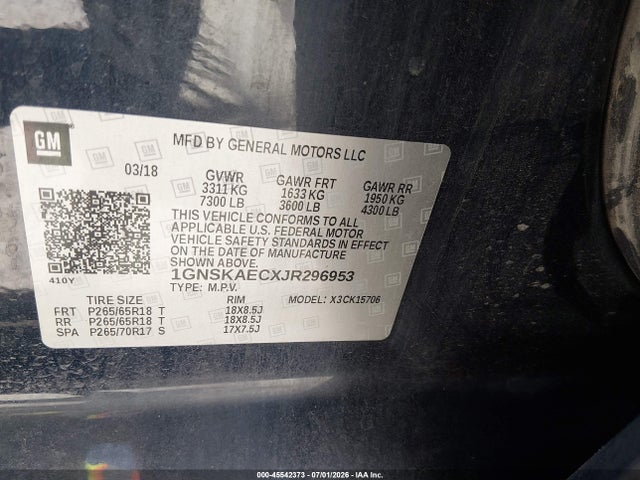 Aukcja sprzedaży 2018 Chevrolet Tahoe Ls, vin: 1GNSKAECXJR296953, numer aukcji: 45542373