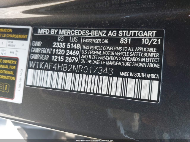 Aukcja sprzedaży 2022 Mercedes-benz C 300 4matic, vin: W1KAF4HB2NR017343, numer aukcji: 45542378