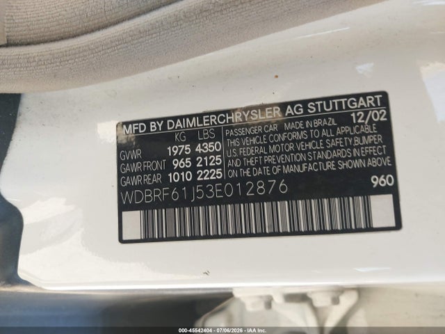 Aukcja sprzedaży 2003 Mercedes-benz C 240, vin: WDBRF61J53E012876, numer aukcji: 45542404