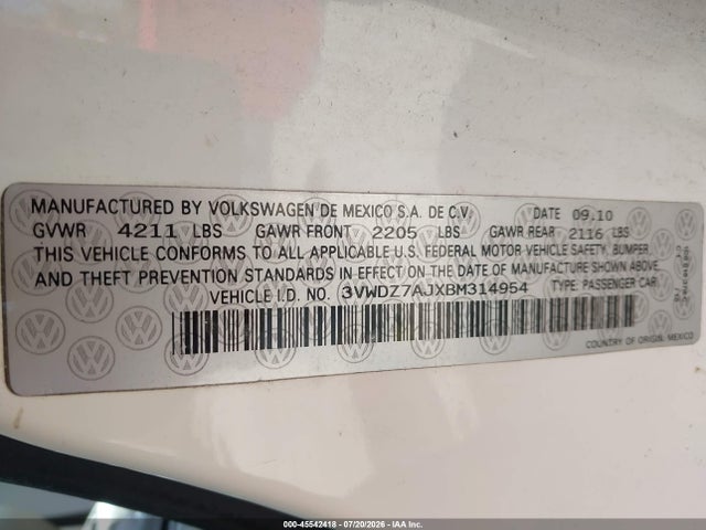 Продаж на аукціоні авто 2011 Volkswagen Jetta 2.5l Se, vin: 3VWDZ7AJXBM314954, номер лоту: 45542418