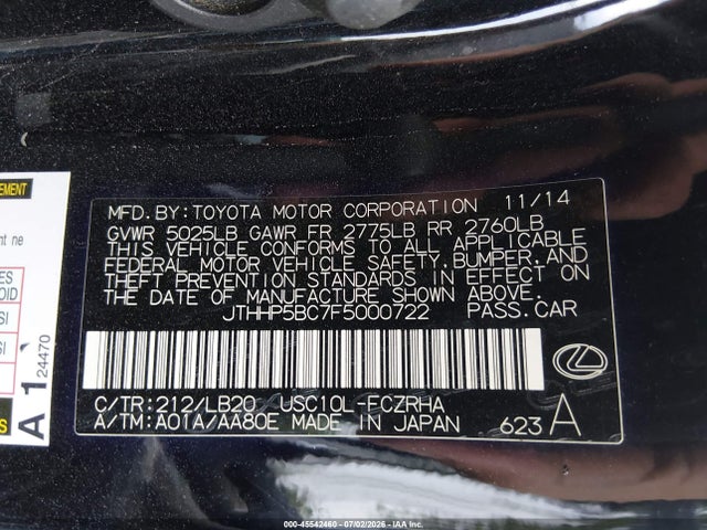 Продажа на аукционе авто 2015 Lexus Rc F, vin: JTHHP5BC7F5000722, номер лота: 45542460