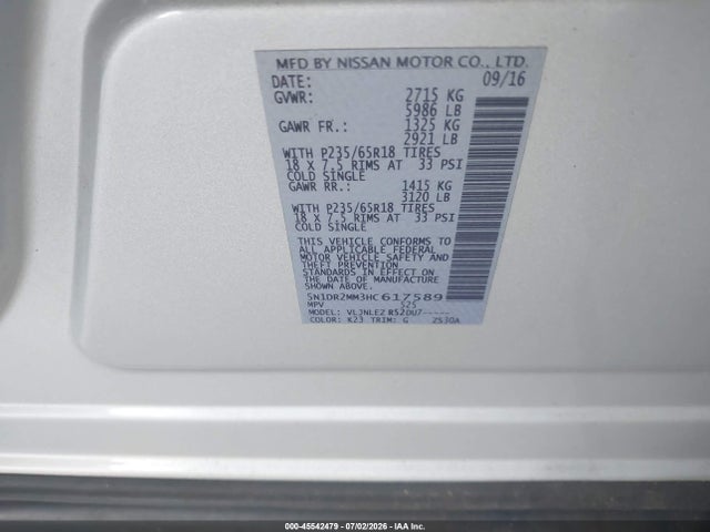 5N1DR2MM3HC617589 Nissan Pathfinder Platinum/s/sl/sv