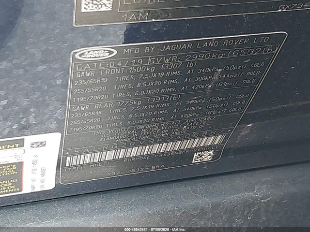 Продаж на аукціоні авто 2019 Land Rover Discovery Se, vin: SALRG2RV9K2406887, номер лоту: 45542481