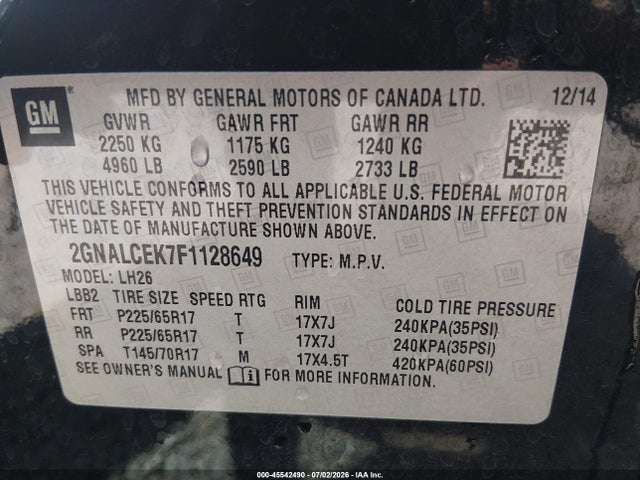 2015 Chevrolet Equinox Lt მანქანა იყიდება აუქციონზე, vin: 2GNALCEK7F1128649, აუქციონის ნომერი: 45542490