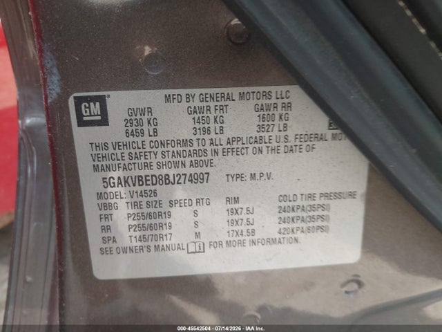 45542504 :رقم المزاد ، 5GAKVBED8BJ274997 vin ، 2011 Buick Enclave 1xl مزاد بيع