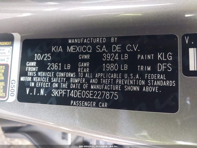 45542521 :رقم المزاد ، 3KPFT4DE0SE227875 vin ، 2025 Kia K4 Lxs مزاد بيع
