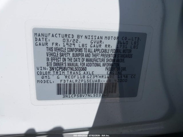Aukcja sprzedaży 2022 Nissan Kicks S Xtronic Cvt, vin: 3N1CP5BV7NL503360, numer aukcji: 45542534