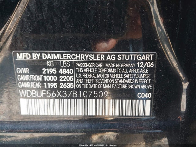 Aukcja sprzedaży 2007 Mercedes-benz E 350, vin: WDBUF56X37B107509, numer aukcji: 45542537