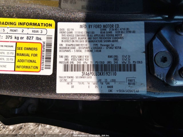 Aukcja sprzedaży 2019 Ford Fusion Hybrid Se, vin: 3FA6P0LU3KR192110, numer aukcji: 45542577