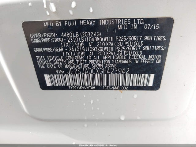 Продажа на аукционе авто 2016 Subaru Forester 2.5i Premium, vin: JF2SJADCXGH423942, номер лота: 45542586