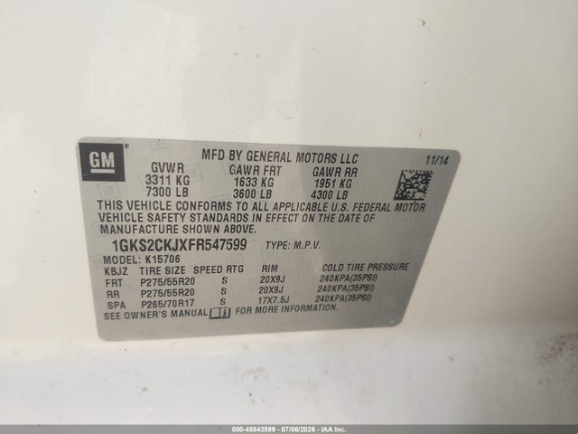 2015 Gmc Yukon Denali მანქანა იყიდება აუქციონზე, vin: 1GKS2CKJXFR547599, აუქციონის ნომერი: 45542599