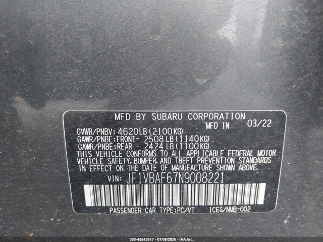 Продажа на аукционе авто 2022 Subaru Wrx Premium, vin: JF1VBAF67N9008221, номер лота: 45542617