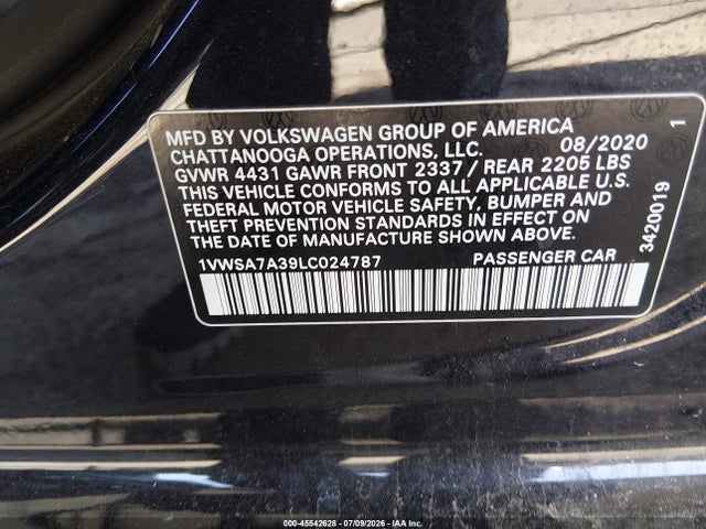 45542628 :رقم المزاد ، 1VWSA7A39LC024787 vin ، 2020 Volkswagen Passat 2.0t Se مزاد بيع