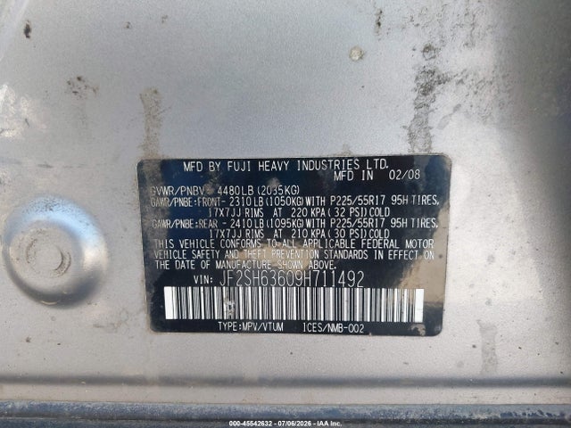 45542632 :رقم المزاد ، JF2SH63609H711492 vin ، 2009 Subaru Forester 2.5x مزاد بيع