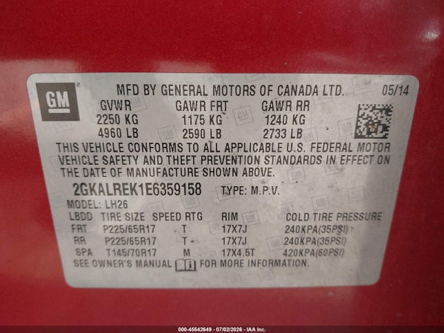 Aukcja sprzedaży 2014 Gmc Terrain Sle-2, vin: 2GKALREK1E6359158, numer aukcji: 45542649