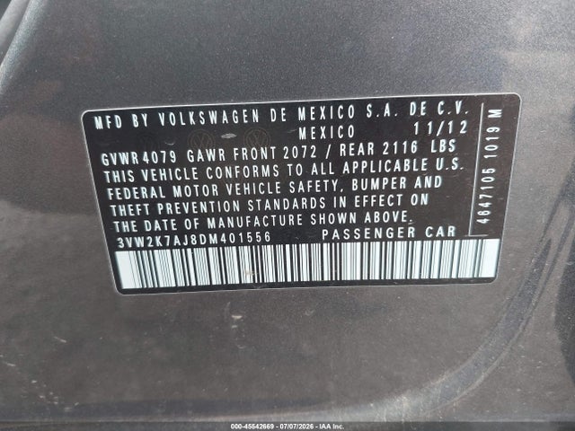 Продажа на аукционе авто 2013 Volkswagen Jetta 2.0l S, vin: 3VW2K7AJ8DM401556, номер лота: 45542669