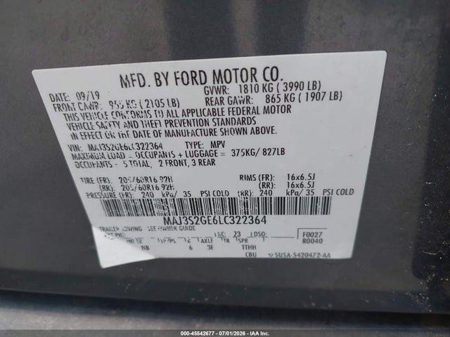 Продаж на аукціоні авто 2020 Ford Ecosport Se, vin: MAJ3S2GE6LC322364, номер лоту: 45542677