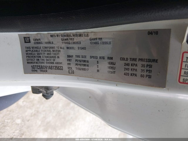 45542699 :رقم المزاد ، 1GTCSBD91A8135633 vin ، 2010 Gmc Canyon Work Truck مزاد بيع