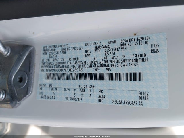 45542708 :رقم المزاد ، 1FMCU0GD7HUB25975 vin ، 2017 Ford Escape Se مزاد بيع