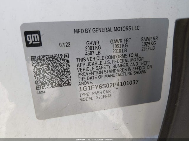 45542710 :رقم المزاد ، 1G1FY6S02P4101037 vin ، 2023 Chevrolet Bolt Euv Fwd Lt مزاد بيع