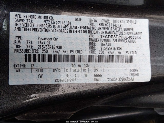 1FADP3F29GL405344 Ford FOCUS SE