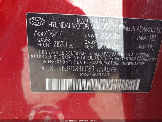 Продажа на аукционе авто 2018 Hyundai Elantra Sel, vin: 5NPD84LF8JH214899, номер лота: 45542732
