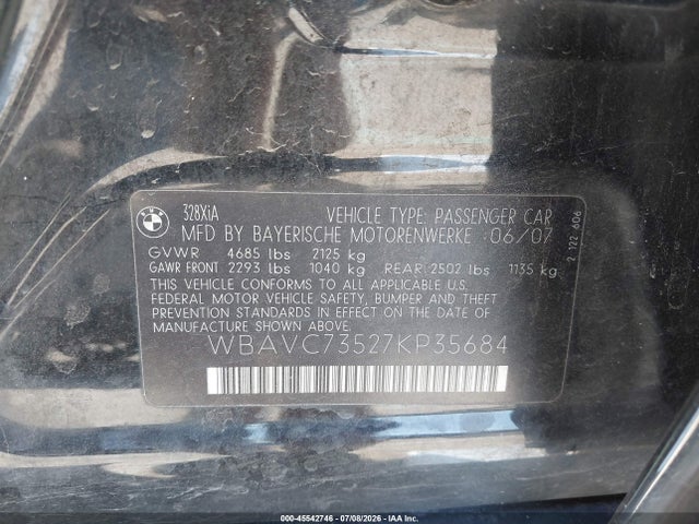 Продажа на аукционе авто 2007 Bmw 328xi, vin: WBAVC73527KP35684, номер лота: 45542746