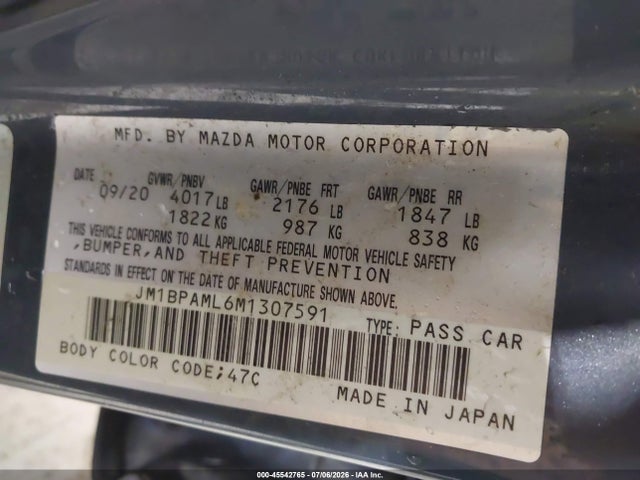 Aukcja sprzedaży 2021 Mazda Mazda3 Premium, vin: JM1BPAML6M1307591, numer aukcji: 45542765