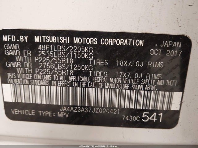 Продаж на аукціоні авто 2018 Mitsubishi Outlander Le, vin: JA4AZ3A37JZ020421, номер лоту: 45542770