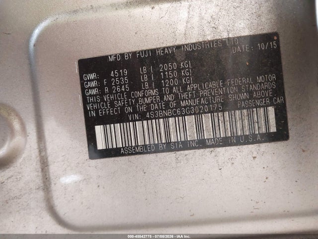 Aukcja sprzedaży 2016 Subaru Legacy 2.5i Premium, vin: 4S3BNBC63G3020175, numer aukcji: 45542775