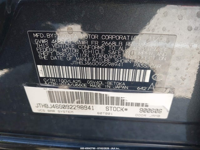 Продажа на аукционе авто 2009 Lexus Es 350, vin: JTHBJ46G092298941, номер лота: 45542790