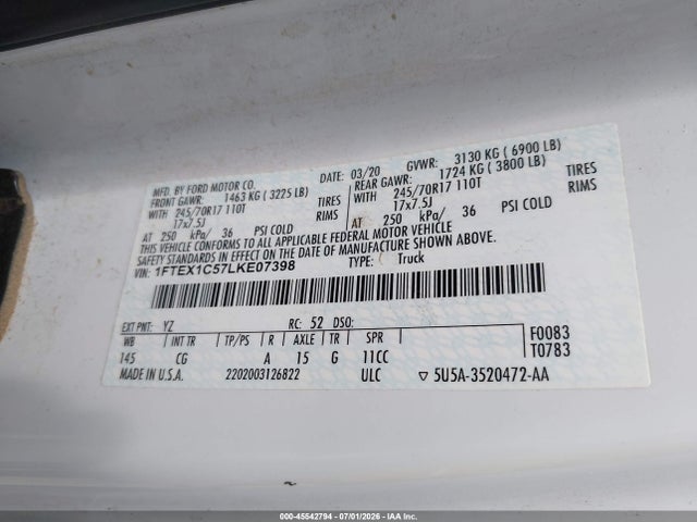 Aukcja sprzedaży 2020 Ford F-150 Xl, vin: 1FTEX1C57LKE07398, numer aukcji: 45542794
