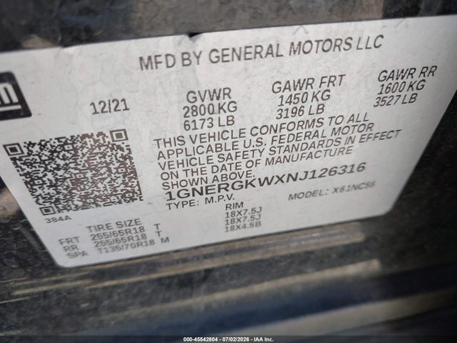 Aukcja sprzedaży 2022 Chevrolet Traverse Fwd Lt Cloth, vin: 1GNERGKWXNJ126316, numer aukcji: 45542804