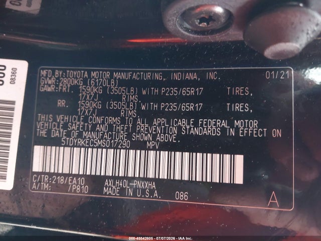 Toyota SIENNA XLE 2021 5TDYRKEC5MS017290 Image 9