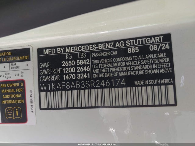 Aukcja sprzedaży 2025 Mercedes-benz Amg C 63 S E Performance, vin: W1KAF8AB3SR246174, numer aukcji: 45542815