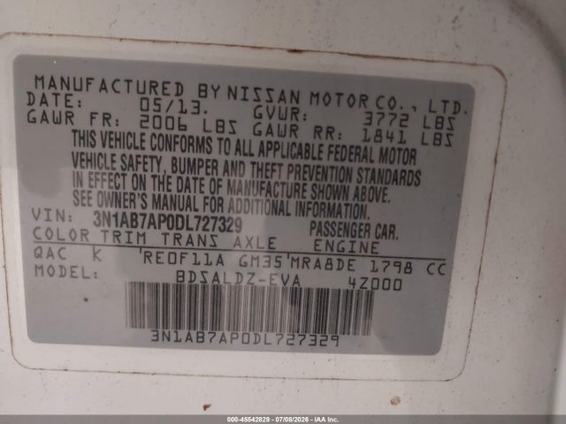 2013 Nissan Sentra Sv მანქანა იყიდება აუქციონზე, vin: 3N1AB7AP0DL727329, აუქციონის ნომერი: 45542829