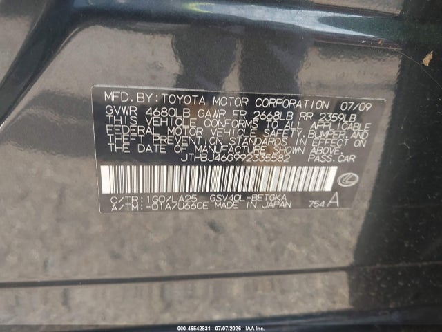 Продаж на аукціоні авто 2009 Lexus Es 350, vin: JTHBJ46G992335582, номер лоту: 45542831