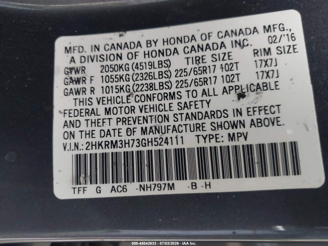 2HKRM3H73GH524111 Honda Cr-v Ex-l