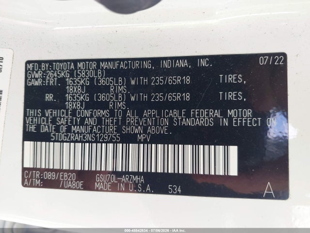 Toyota Highlander Xle 2022 5TDGZRAH3NS129755 Image 9