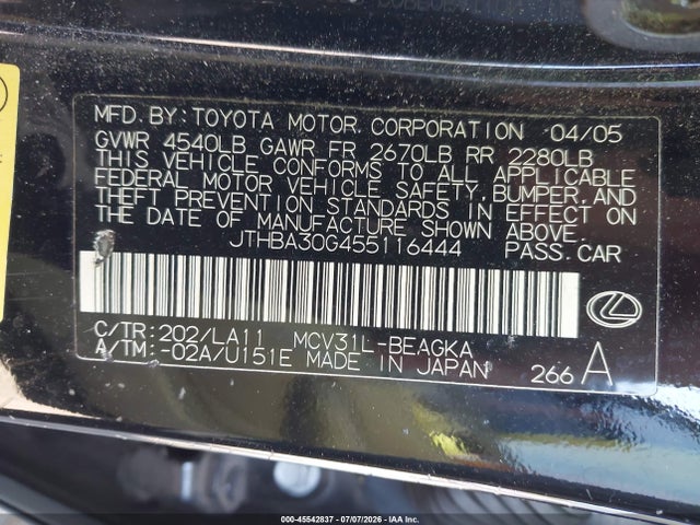 2005 Lexus Es 330 მანქანა იყიდება აუქციონზე, vin: JTHBA30G455116444, აუქციონის ნომერი: 45542837