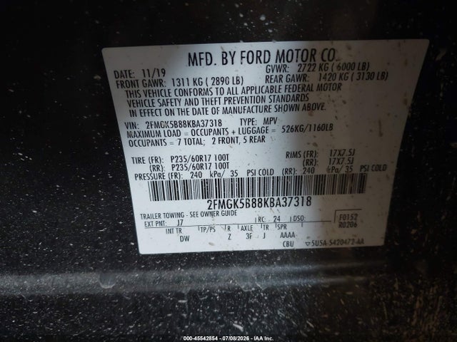 Aukcja sprzedaży 2019 Ford Flex Se, vin: 2FMGK5B88KBA37318, numer aukcji: 45542854